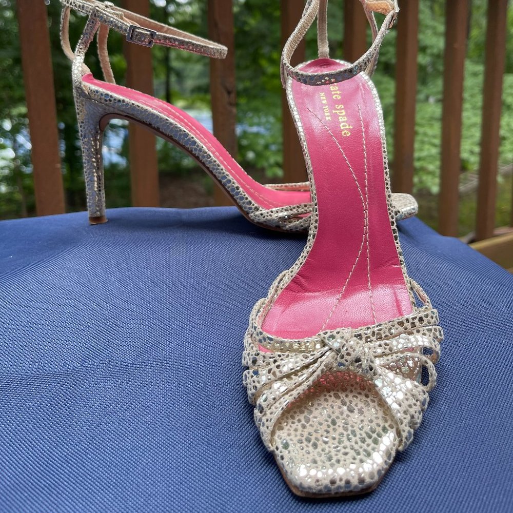 Kate Spade | Metallic Gold Dot Print Leather Knot Strappy Heel | Sz 7.5